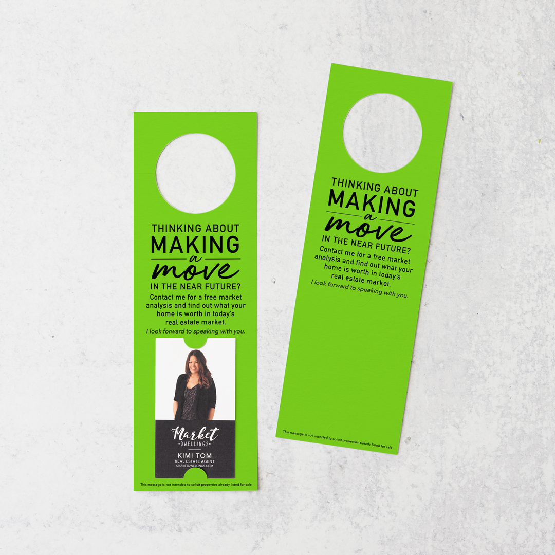 Thinking About Making A Move | Vertical Real Estate Door Hangers | 14-DH005 Door Hanger Market Dwellings GREEN APPLE  