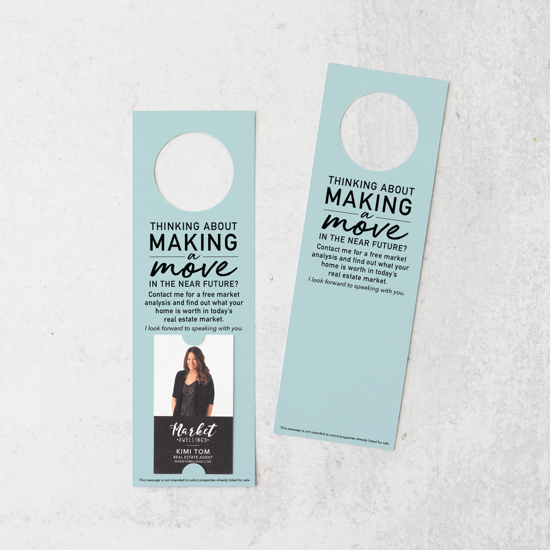 Thinking About Making A Move | Vertical Real Estate Door Hangers | 14-DH005 Door Hanger Market Dwellings LIGHT BLUE  