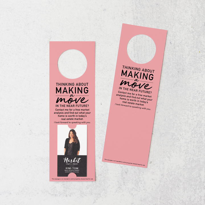 Thinking About Making A Move | Vertical Real Estate Door Hangers | 14-DH005 Door Hanger Market Dwellings LIGHT PINK  