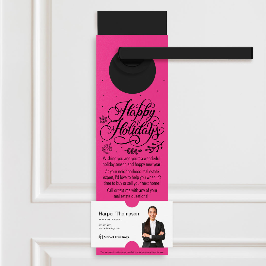 Happy Holidays | Real Estate Neighbor Door Hangers Holiday Door Hanger Market Dwellings RAZZLE BERRY