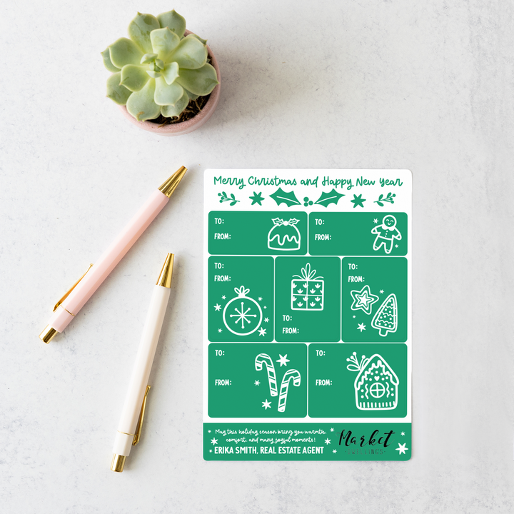 Customizable | Merry and Happy New Year Gift Tag Sticker Sheet | 15-LB2-AB Stickers Market Dwellings JADE No: Envelopes