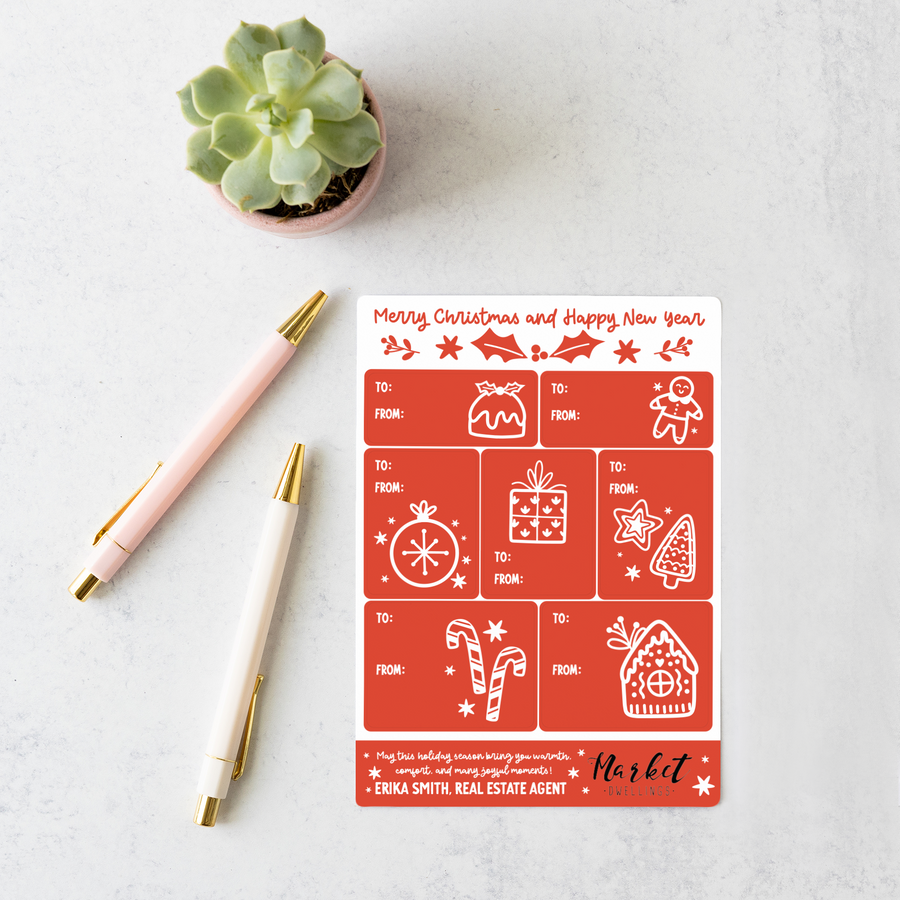 Customizable | Merry and Happy New Year Gift Tag Sticker Sheet | 15-LB2-AB Stickers Market Dwellings REGAL RED No: Envelopes