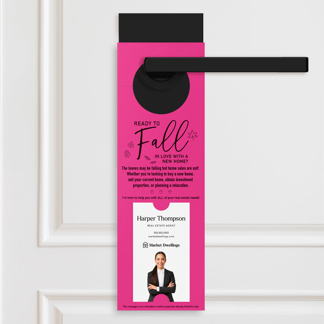 Vertical | Ready to FALL in Love with a New Home | Door Hangers | 16-DH005 Season Door Hanger Market Dwellings RAZZLE BERRY