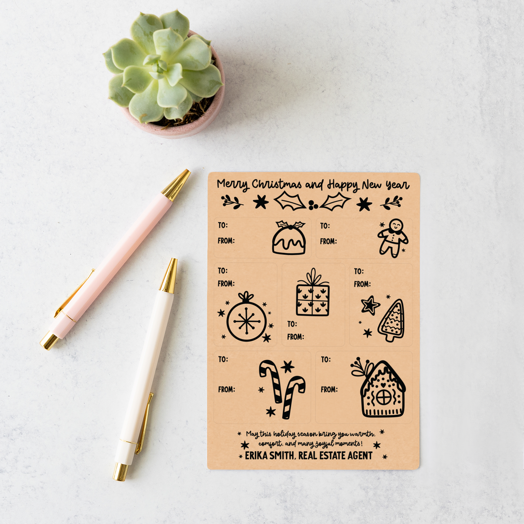Customizable | Merry Christmas and Happy New Year Gift Tag Sticker Sheet | 16-LB2 Stickers Market Dwellings