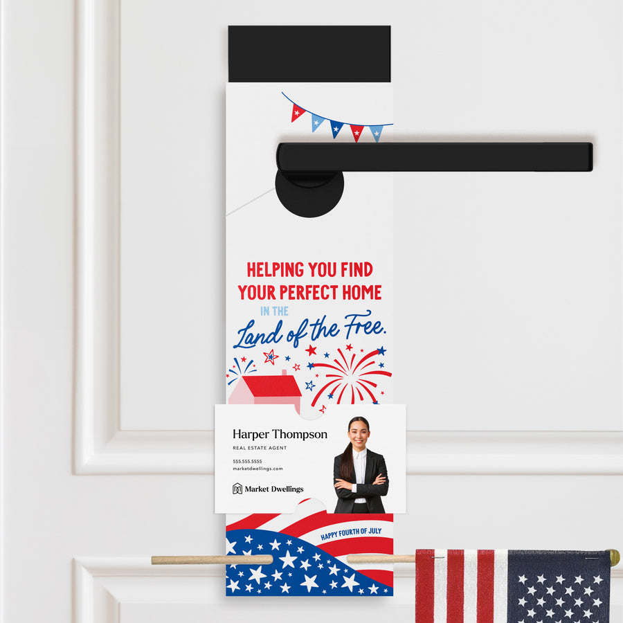 Helping You Find The Perfect Home | Flag Holder Real Estate Door Hangers | 18-DH004 Holiday Door Hanger Market Dwellings