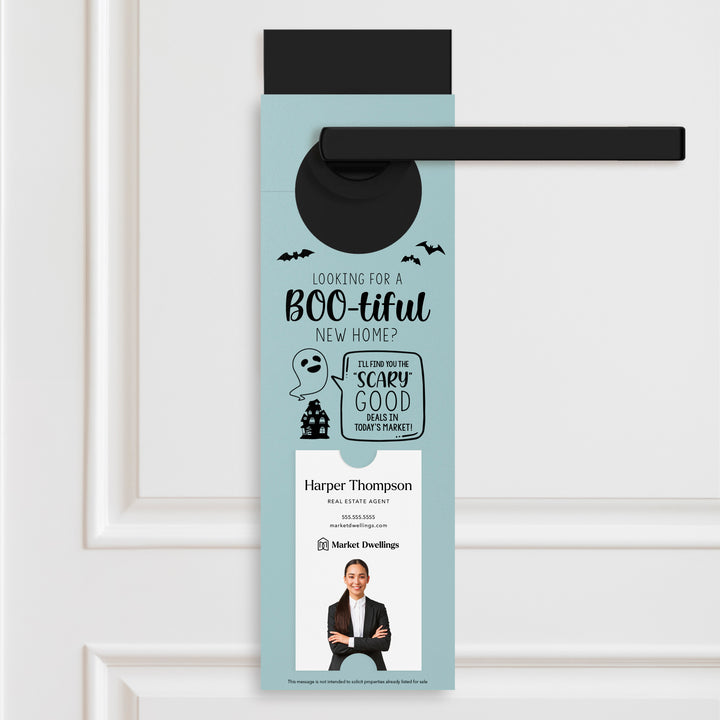 Vertical | Looking For A BOO-tiful New Home? | Halloween Door Hangers | 18-DH005 Holiday Door Hanger Market Dwellings LIGHT BLUE