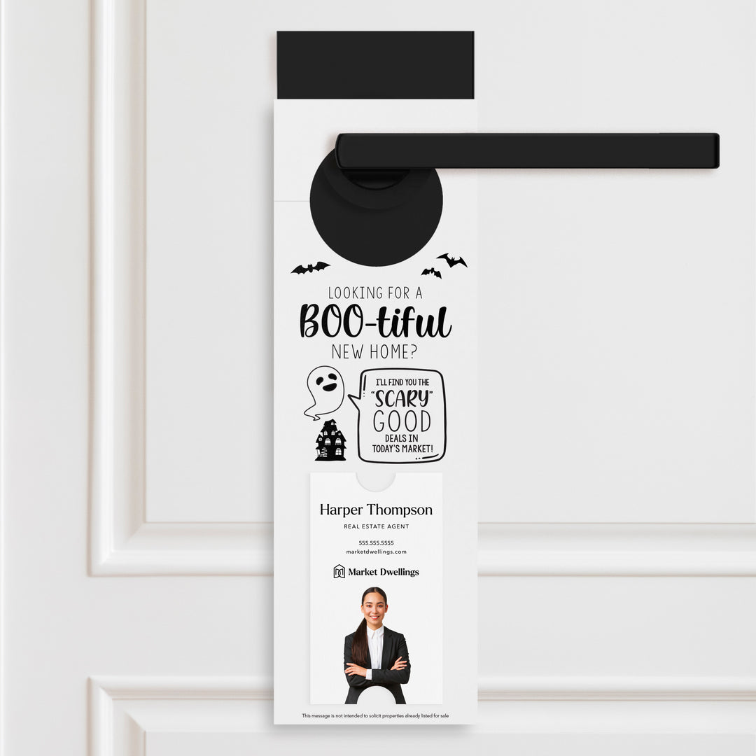 Vertical | Looking For A BOO-tiful New Home? | Halloween Door Hangers | 18-DH005 Holiday Door Hanger Market Dwellings WHITE