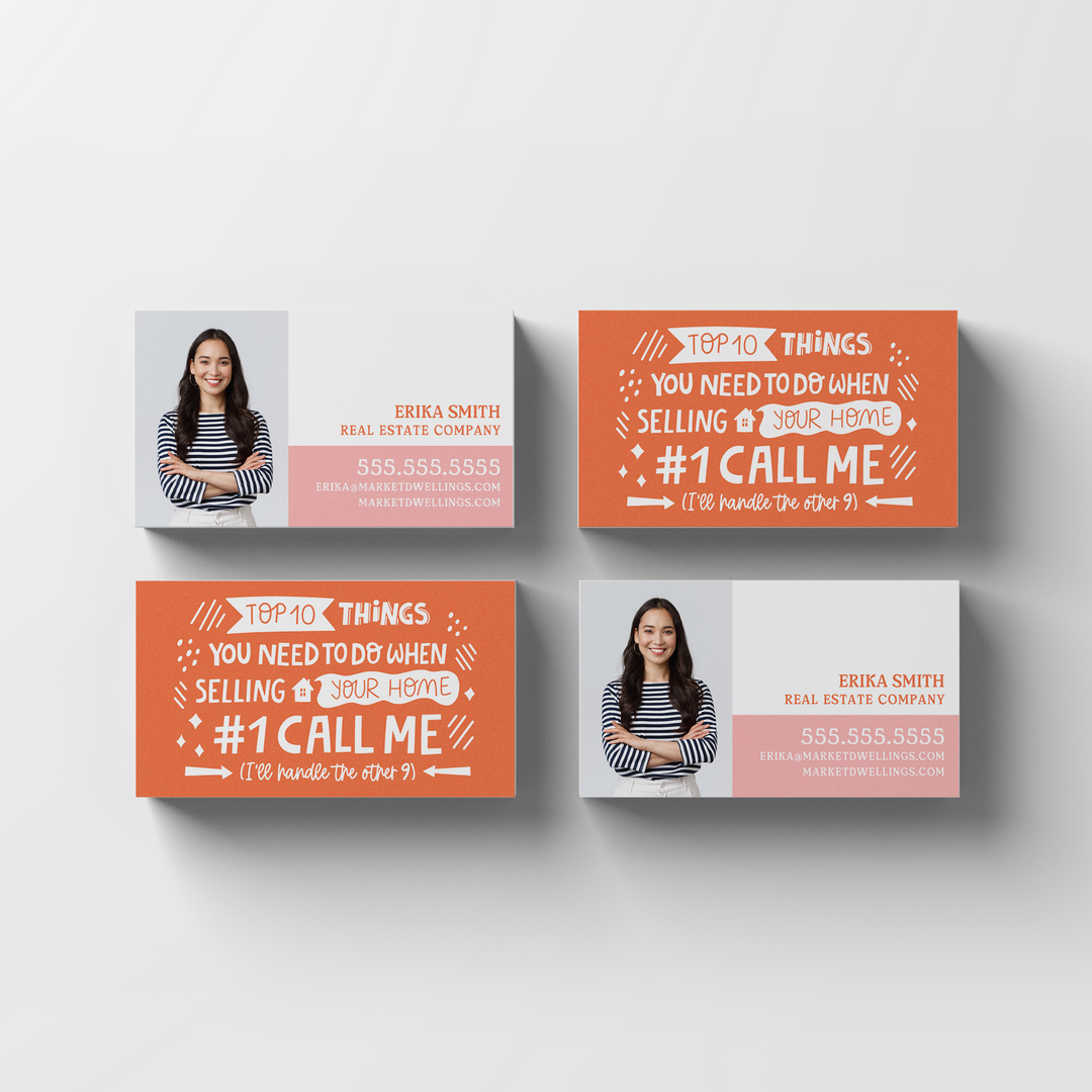 Top 10 Things You Need To Do When Selling Your Home | Real Estate Business Cards | BC-06-AB Business Cards Market Dwellings SUNRISE ORANGE Square