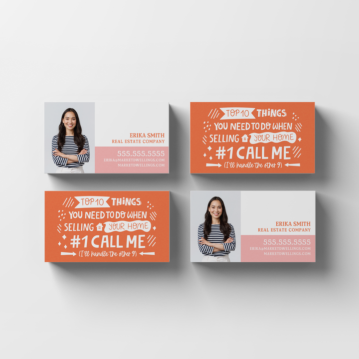 Top 10 Things You Need To Do When Selling Your Home | Real Estate Business Cards | BC-06-AB Business Cards Market Dwellings SUNRISE ORANGE Square