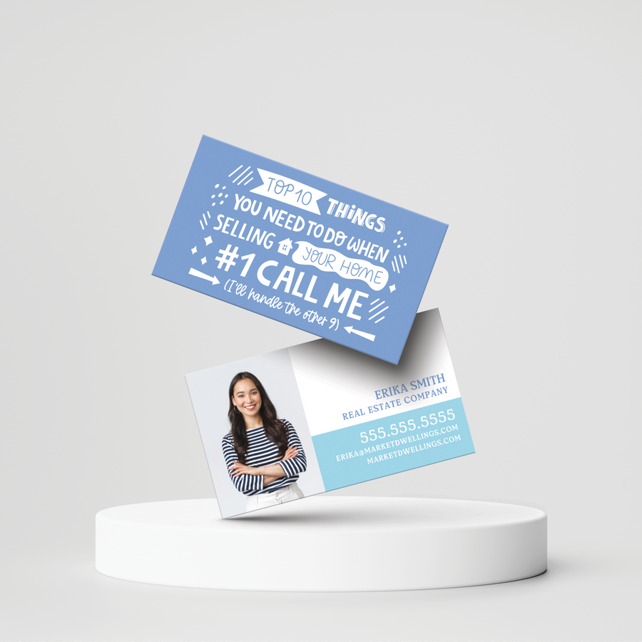 Top 10 Things You Need To Do When Selling Your Home | Real Estate Business Cards | BC-06-AB Business Cards Market Dwellings MOONSTONE BLUE Square