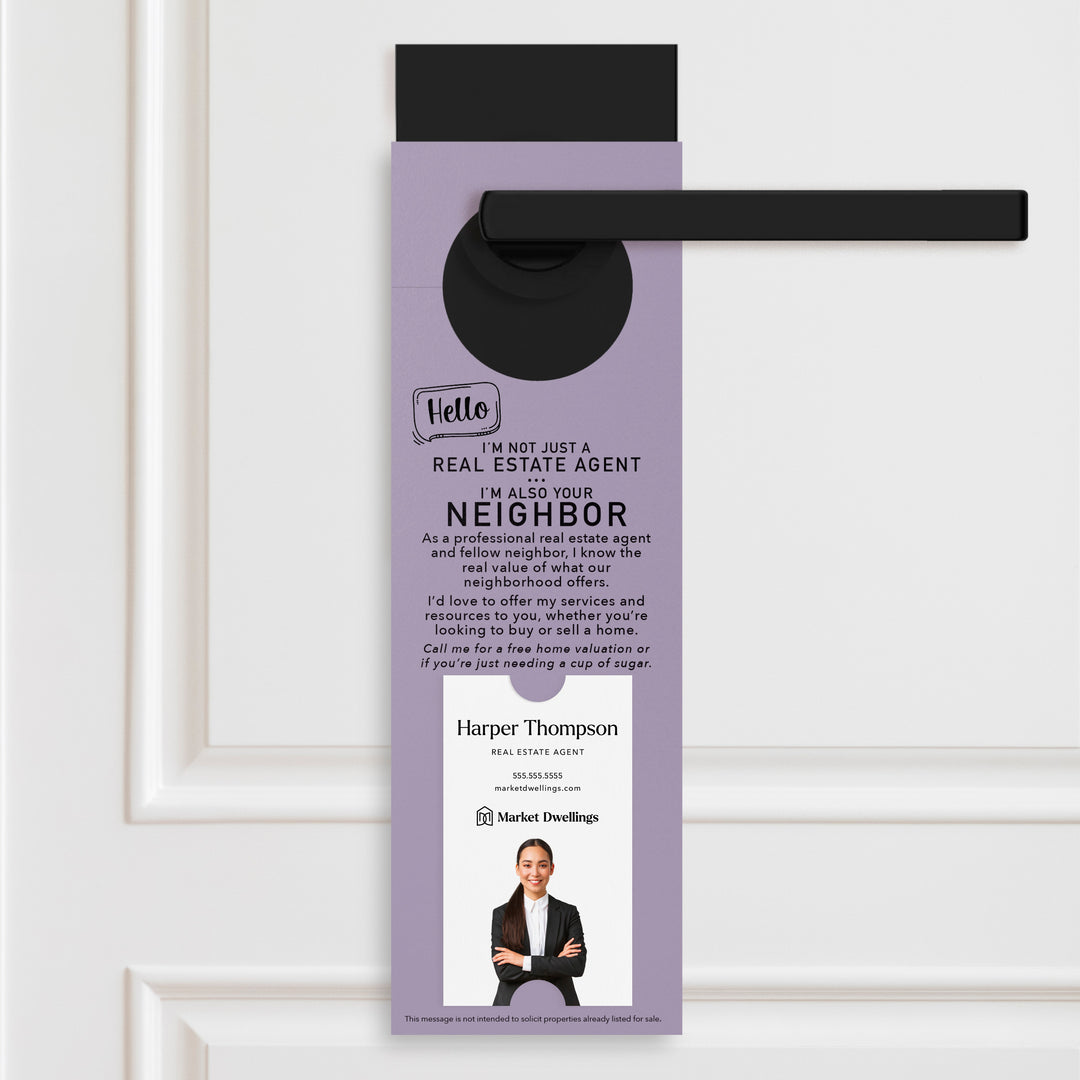 Vertical | Hello I'm not just a Real Estate Agent | Door Hangers | 4-DH005 Door Hanger Market Dwellings LIGHT PURPLE