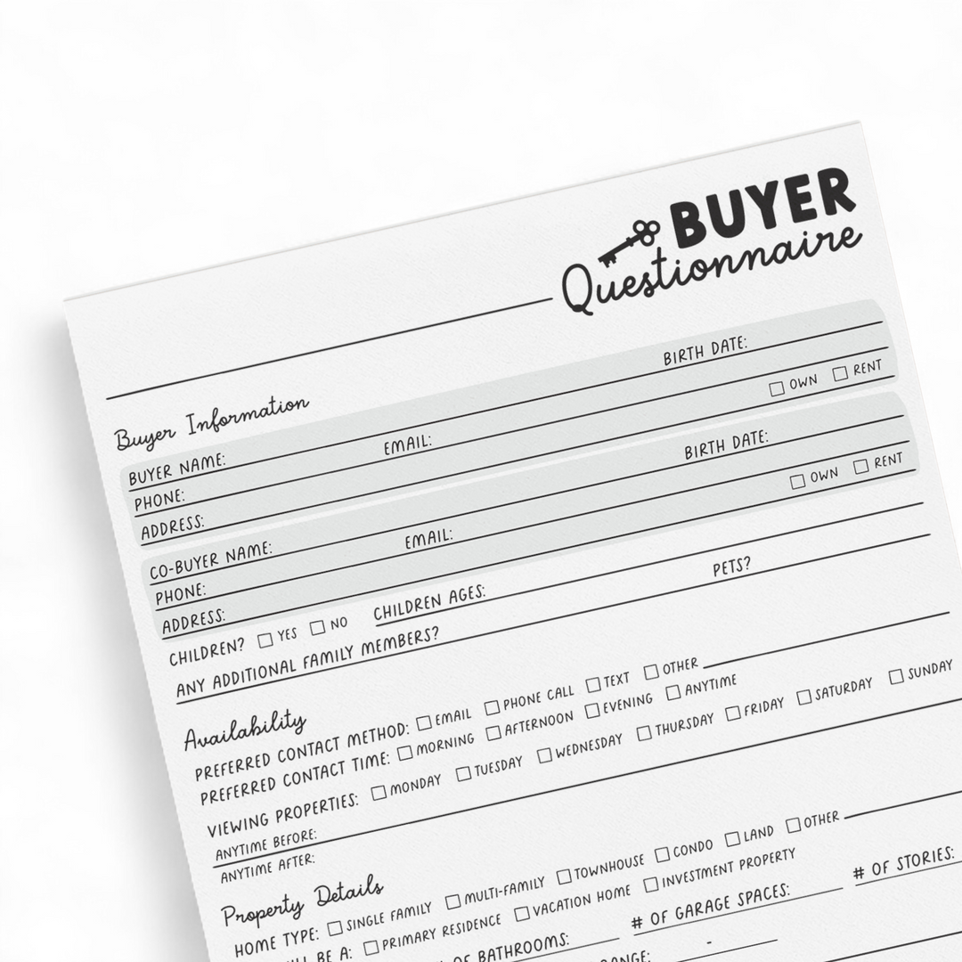 Customizable Homebuyer Questionnaire Notepad | 8.5 x 11in | 50 Tear-Off Sheets | 2-NP Notepad Market Dwellings