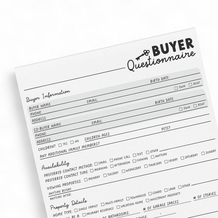 Customizable Homebuyer Questionnaire Notepad | 8.5 x 11in | 50 Tear-Off Sheets | 2-NP Notepad Market Dwellings