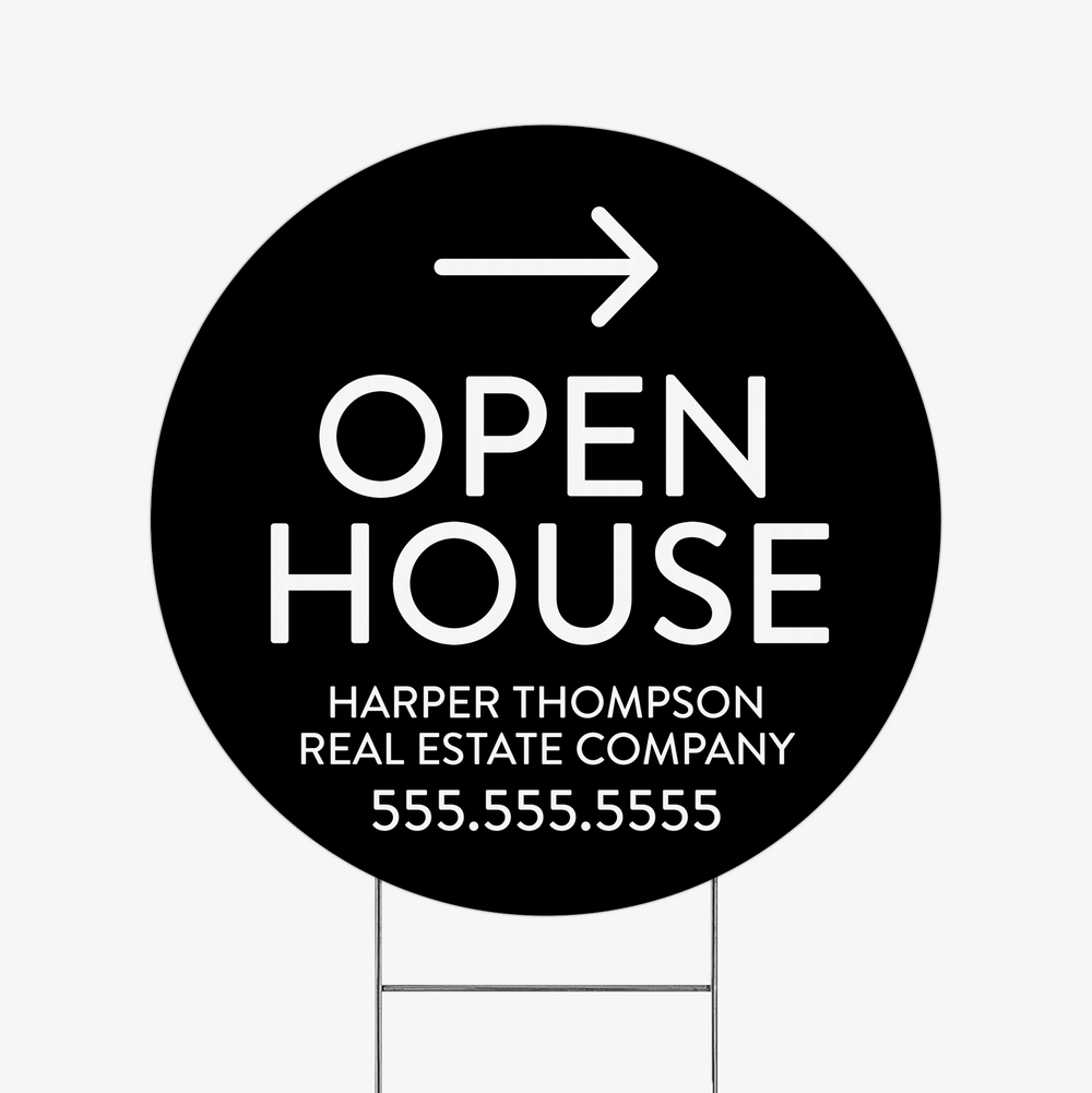 Customizable | Directional Open House Circle Real Estate Yard Sign Directional Sign Market Dwellings BLACK