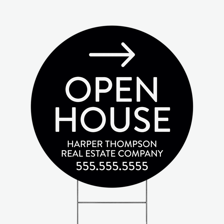 Customizable | Directional Open House Circle Real Estate Yard Sign Directional Sign Market Dwellings BLACK