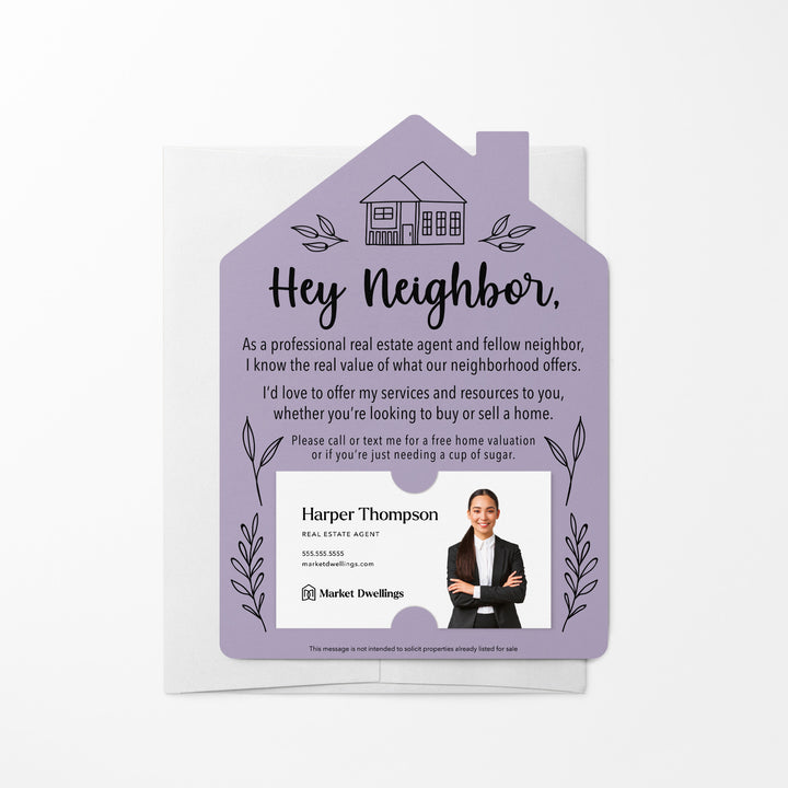 Set of Hey Neighbor Real Estate Mailers | Envelopes Included | M1-M001 Mailer Market Dwellings LIGHT PURPLE