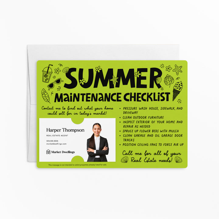 Set of "Hello Summer Maintenance Checklist" Mailers | Envelopes Included | M15-M004 Mailer Market Dwellings GREEN APPLE