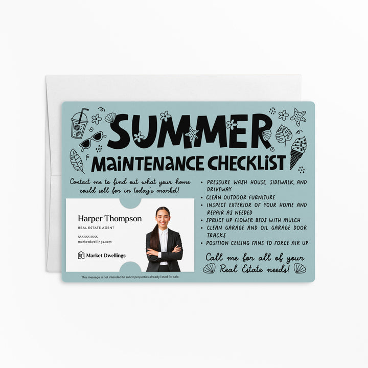 Set of "Hello Summer Maintenance Checklist" Mailers | Envelopes Included | M15-M004 Mailer Market Dwellings LIGHT BLUE
