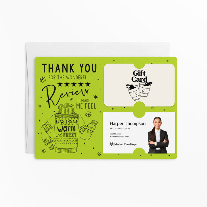 Set of Thank You for the Wonderful Review It Make Me Feel Warm and Fuzzy Gift Card & Business Card Holder Mailer | Envelopes Included | M25-M008 Mailer Market Dwellings GREEN APPLE