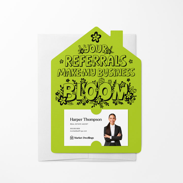 Set of Your Referrals Make My Business Bloom Real Estate Agent Mailers | Envelopes Included | M30-M001 Mailer Market Dwellings GREEN APPLE