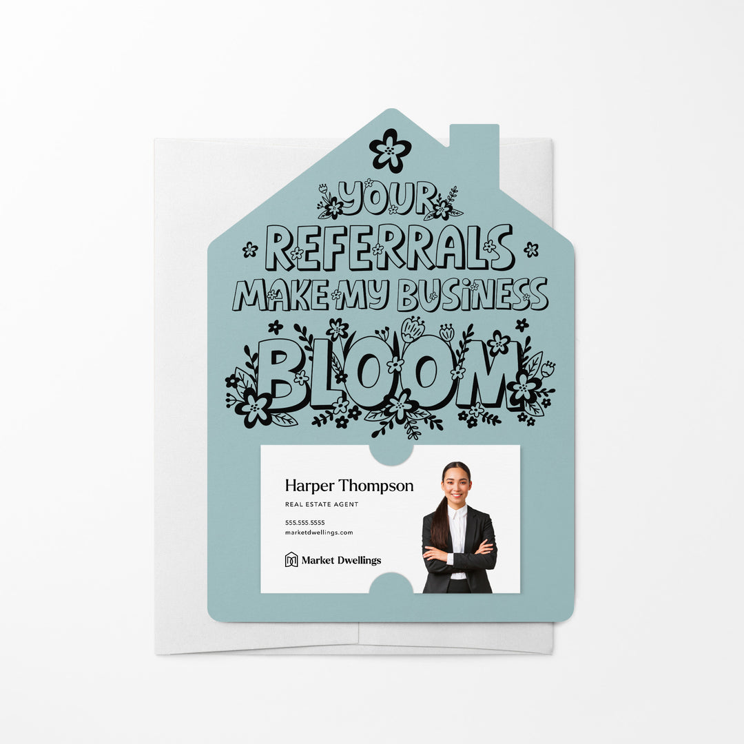 Set of Your Referrals Make My Business Bloom Real Estate Agent Mailers | Envelopes Included | M30-M001 Mailer Market Dwellings LIGHT BLUE