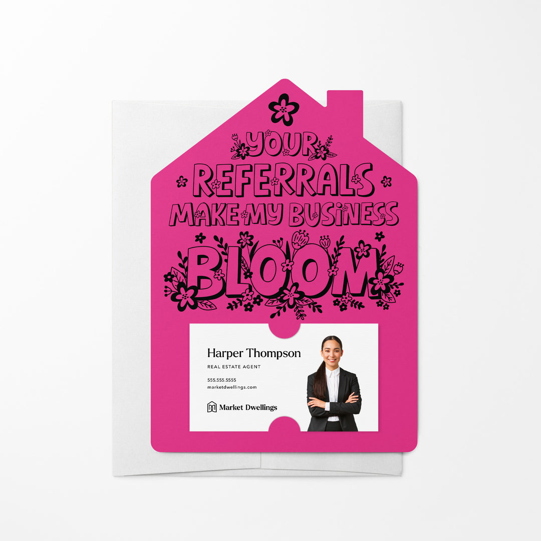 Set of Your Referrals Make My Business Bloom Real Estate Agent Mailers | Envelopes Included | M30-M001 Mailer Market Dwellings RAZZLE BERRY