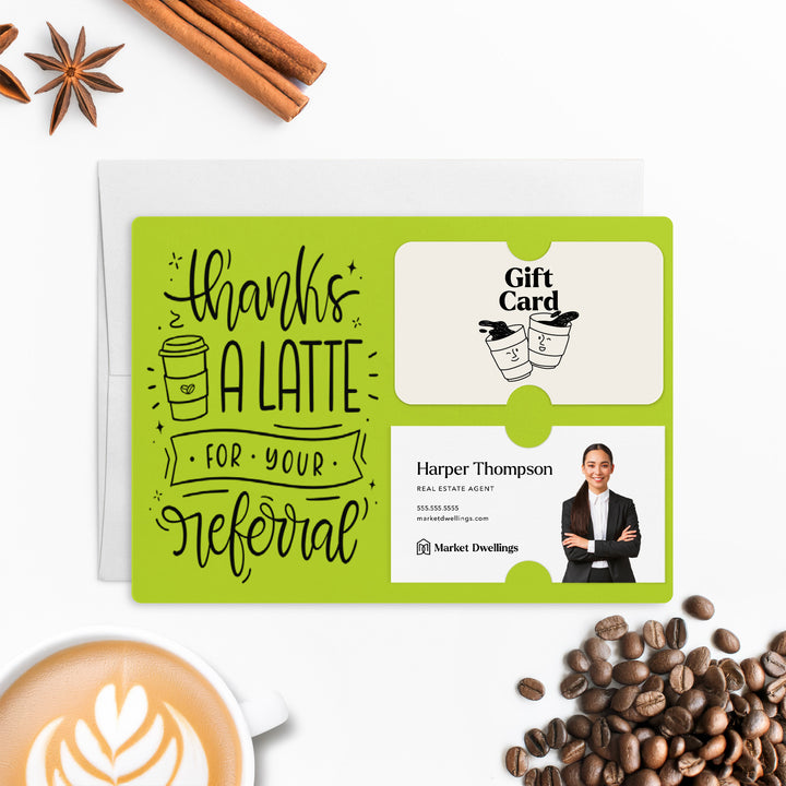 Set of "Thanks A Latte For Your Referral" Coffee Gift Card & Business Card Holder Mailer | Envelopes Included | M31-M008 Mailer Market Dwellings