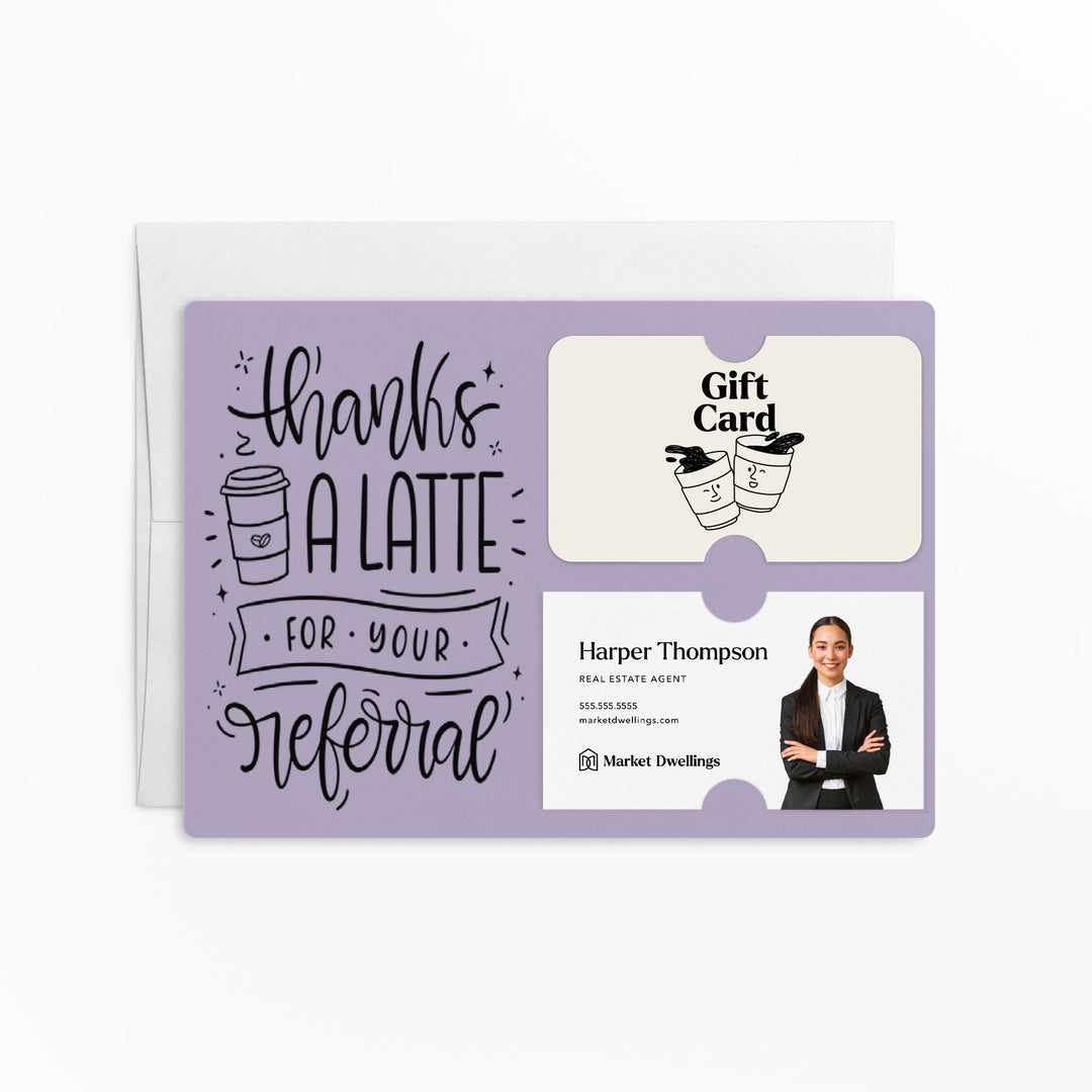 Set of "Thanks A Latte For Your Referral" Coffee Gift Card & Business Card Holder Mailer | Envelopes Included | M31-M008 Mailer Market Dwellings LIGHT PURPLE