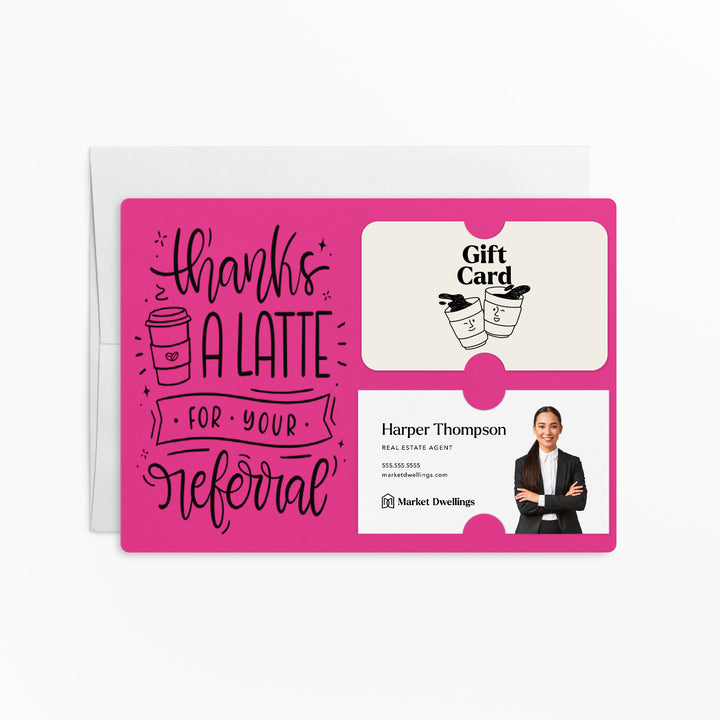 Set of "Thanks A Latte For Your Referral" Coffee Gift Card & Business Card Holder Mailer | Envelopes Included | M31-M008 Mailer Market Dwellings RAZZLE BERRY