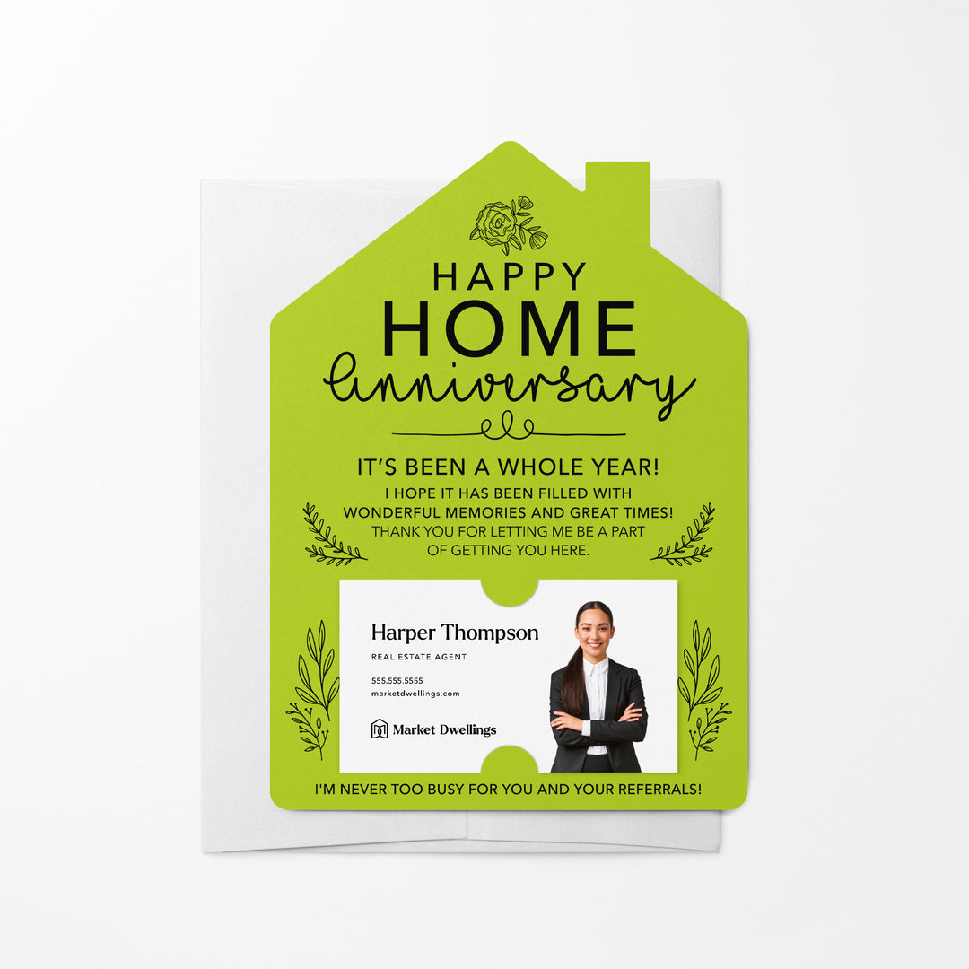 Set of Home Anniversary Real Estate Mailers | Envelopes Included | M34-M001 Mailer Market Dwellings GREEN APPLE