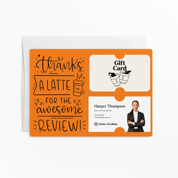 Set of "Thanks A Latte For The Awesome Review" Coffee Gift Card & Business Card Holder Mailers | Envelopes Included | M47-M008 Mailer Market Dwellings CARROT