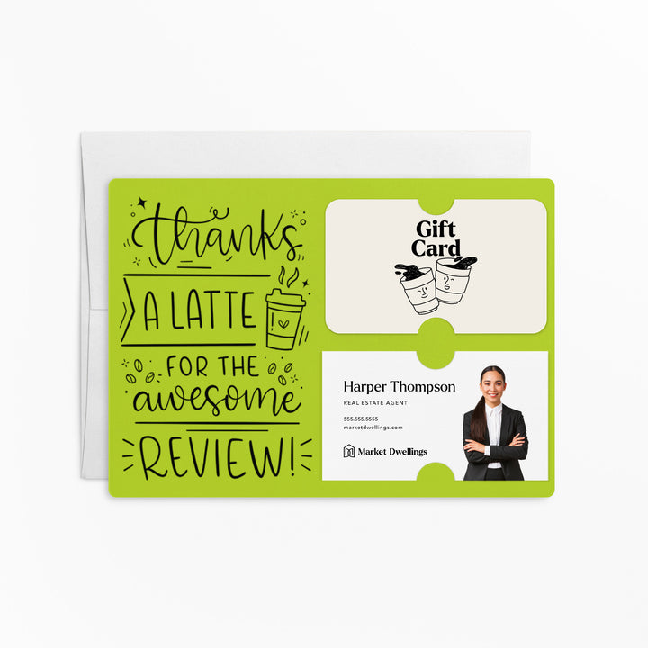 Set of "Thanks A Latte For The Awesome Review" Coffee Gift Card & Business Card Holder Mailers | Envelopes Included | M47-M008 Mailer Market Dwellings GREEN APPLE
