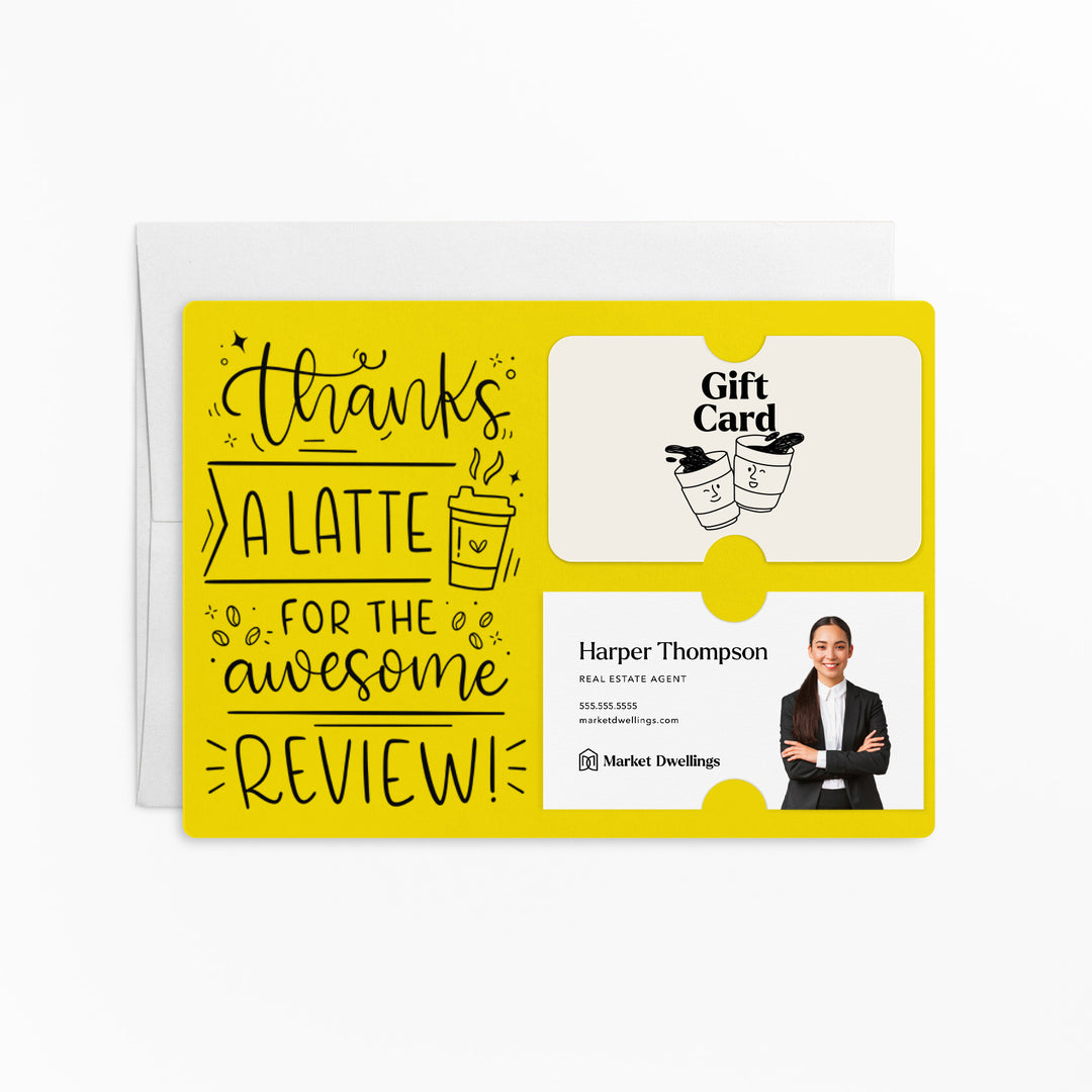 Set of "Thanks A Latte For The Awesome Review" Coffee Gift Card & Business Card Holder Mailers | Envelopes Included | M47-M008 Mailer Market Dwellings LEMON