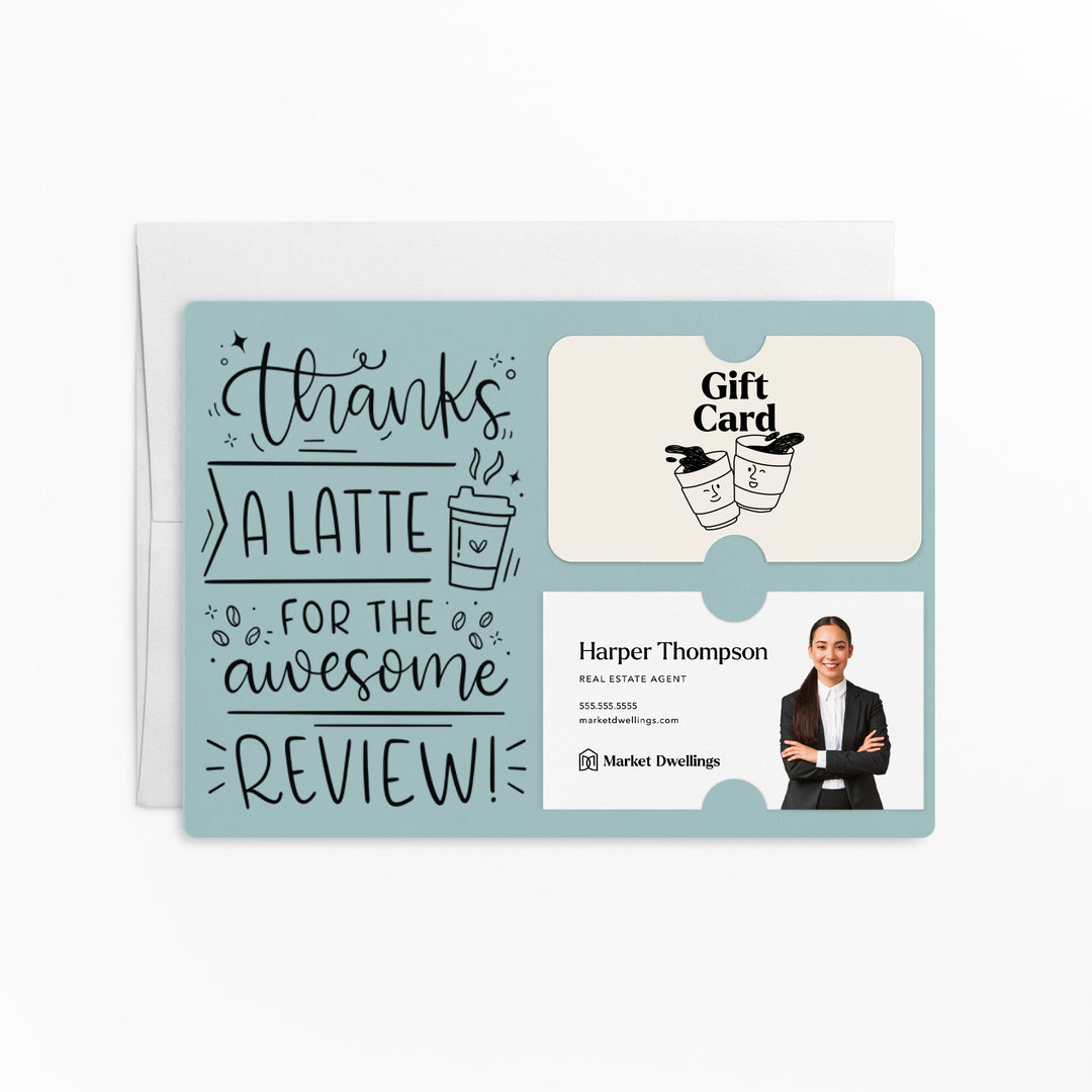 Set of "Thanks A Latte For The Awesome Review" Coffee Gift Card & Business Card Holder Mailers | Envelopes Included | M47-M008 Mailer Market Dwellings LIGHT BLUE