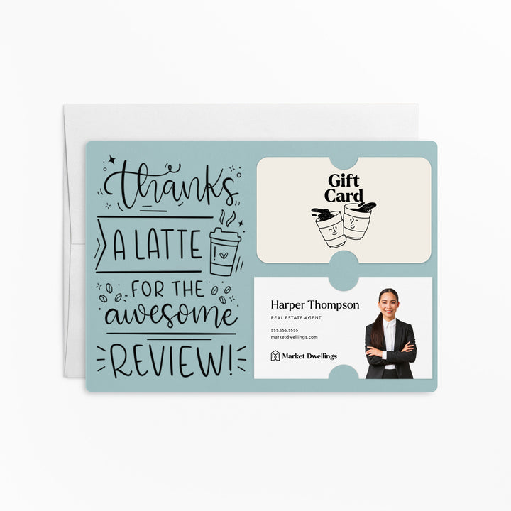 Set of "Thanks A Latte For The Awesome Review" Coffee Gift Card & Business Card Holder Mailers | Envelopes Included | M47-M008 Mailer Market Dwellings LIGHT BLUE