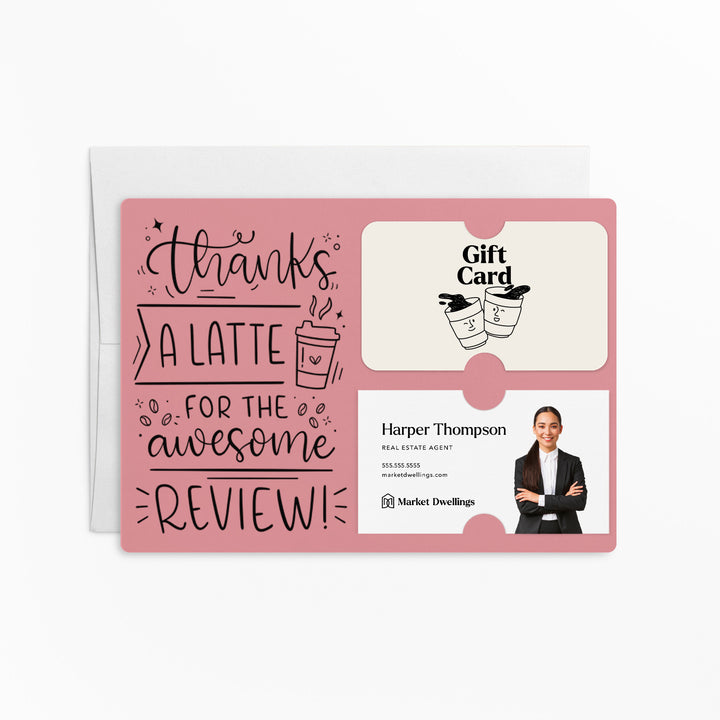 Set of "Thanks A Latte For The Awesome Review" Coffee Gift Card & Business Card Holder Mailers | Envelopes Included | M47-M008 Mailer Market Dwellings LIGHT PINK