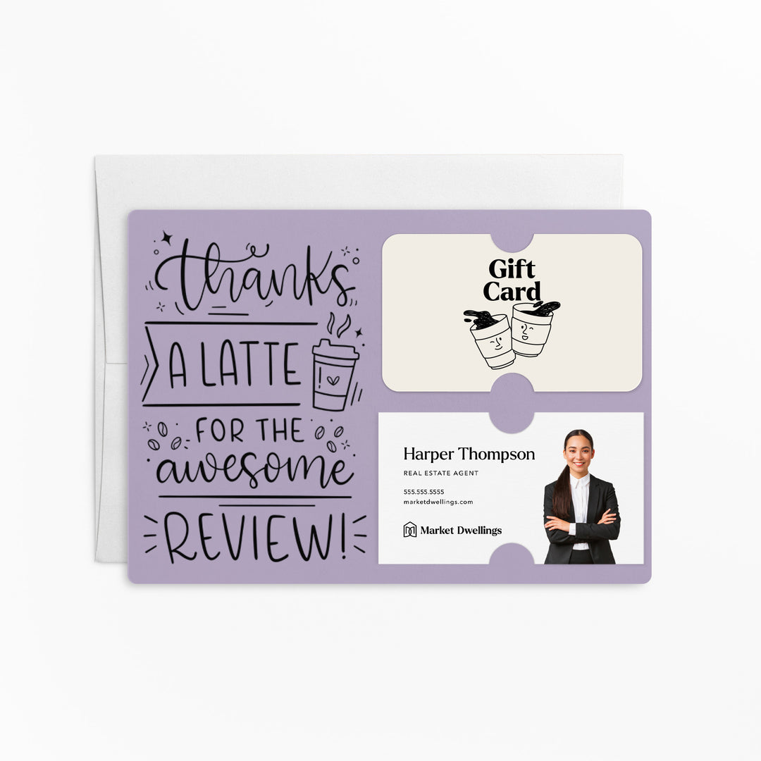 Set of "Thanks A Latte For The Awesome Review" Coffee Gift Card & Business Card Holder Mailers | Envelopes Included | M47-M008 Mailer Market Dwellings LIGHT PURPLE