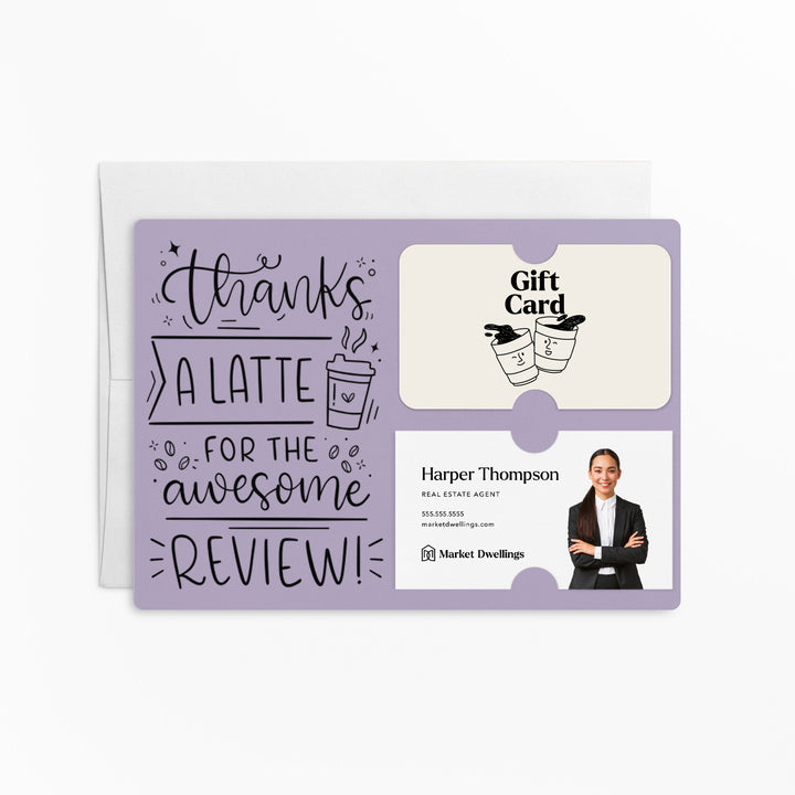 Set of "Thanks A Latte For The Awesome Review" Coffee Gift Card & Business Card Holder Mailers | Envelopes Included | M47-M008 Mailer Market Dwellings LIGHT PURPLE