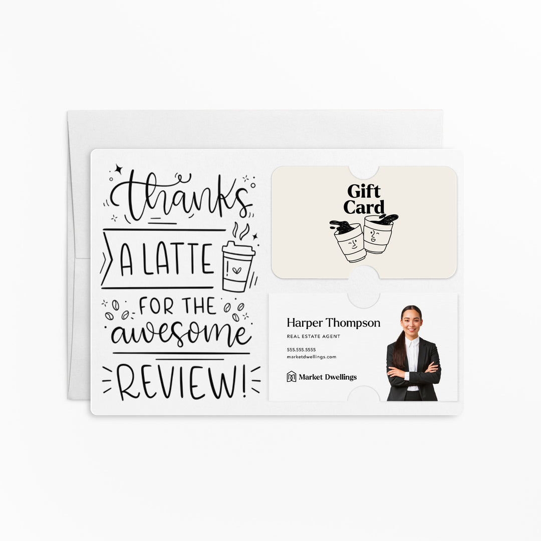 Set of "Thanks A Latte For The Awesome Review" Coffee Gift Card & Business Card Holder Mailers | Envelopes Included | M47-M008 Mailer Market Dwellings WHITE