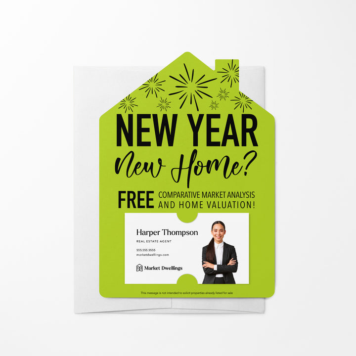 Set of New Year, New Home New Years Mailers | Envelopes Included | M6-M001 Mailer Market Dwellings GREEN APPLE