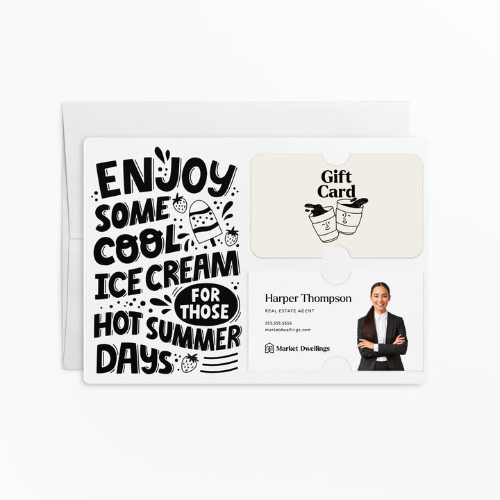 SET of Enjoy Cool Ice Cream Gift Card and Business Card Holder w/Envelopes | Real Estate | Insert business card | M67-M008 Mailer Market Dwellings WHITE