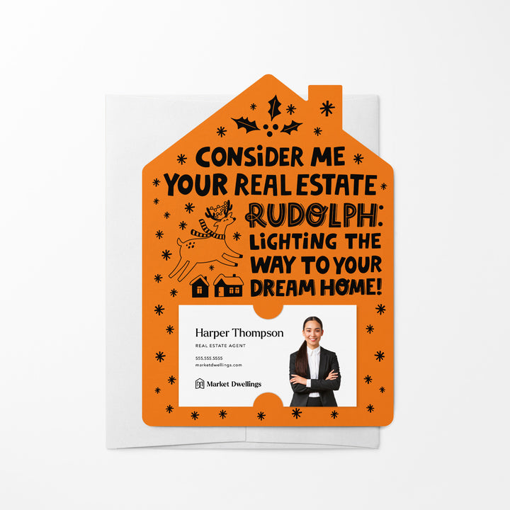 Set of Consider Me Your Real Estate Rudolph: Lighting The Way To Your Dream Home. | Christmas Winter Mailers | Envelopes Included | M81-M001 Mailer Market Dwellings CARROT
