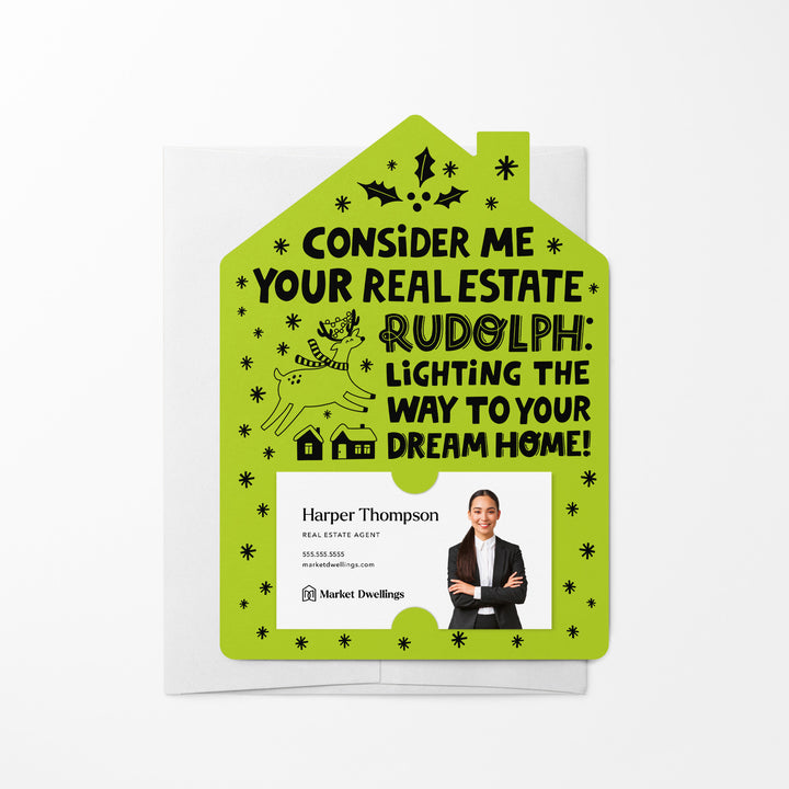 Set of Consider Me Your Real Estate Rudolph: Lighting The Way To Your Dream Home. | Christmas Winter Mailers | Envelopes Included | M81-M001 Mailer Market Dwellings GREEN APPLE