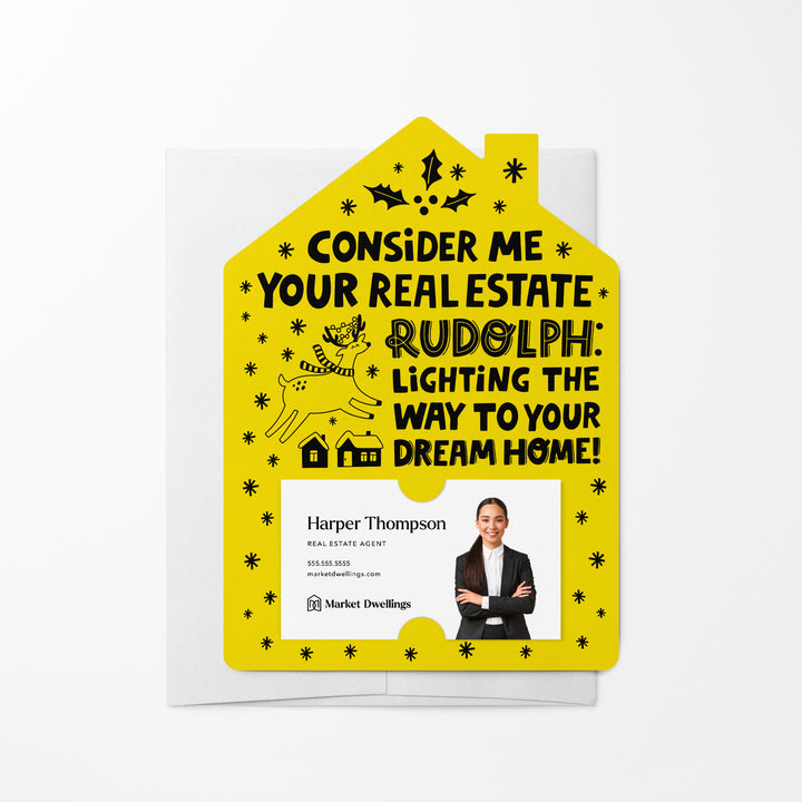 Set of Consider Me Your Real Estate Rudolph: Lighting The Way To Your Dream Home. | Christmas Winter Mailers | Envelopes Included | M81-M001 Mailer Market Dwellings LEMON
