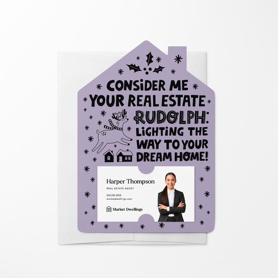 Set of Consider Me Your Real Estate Rudolph: Lighting The Way To Your Dream Home. | Christmas Winter Mailers | Envelopes Included | M81-M001 Mailer Market Dwellings LIGHT PURPLE