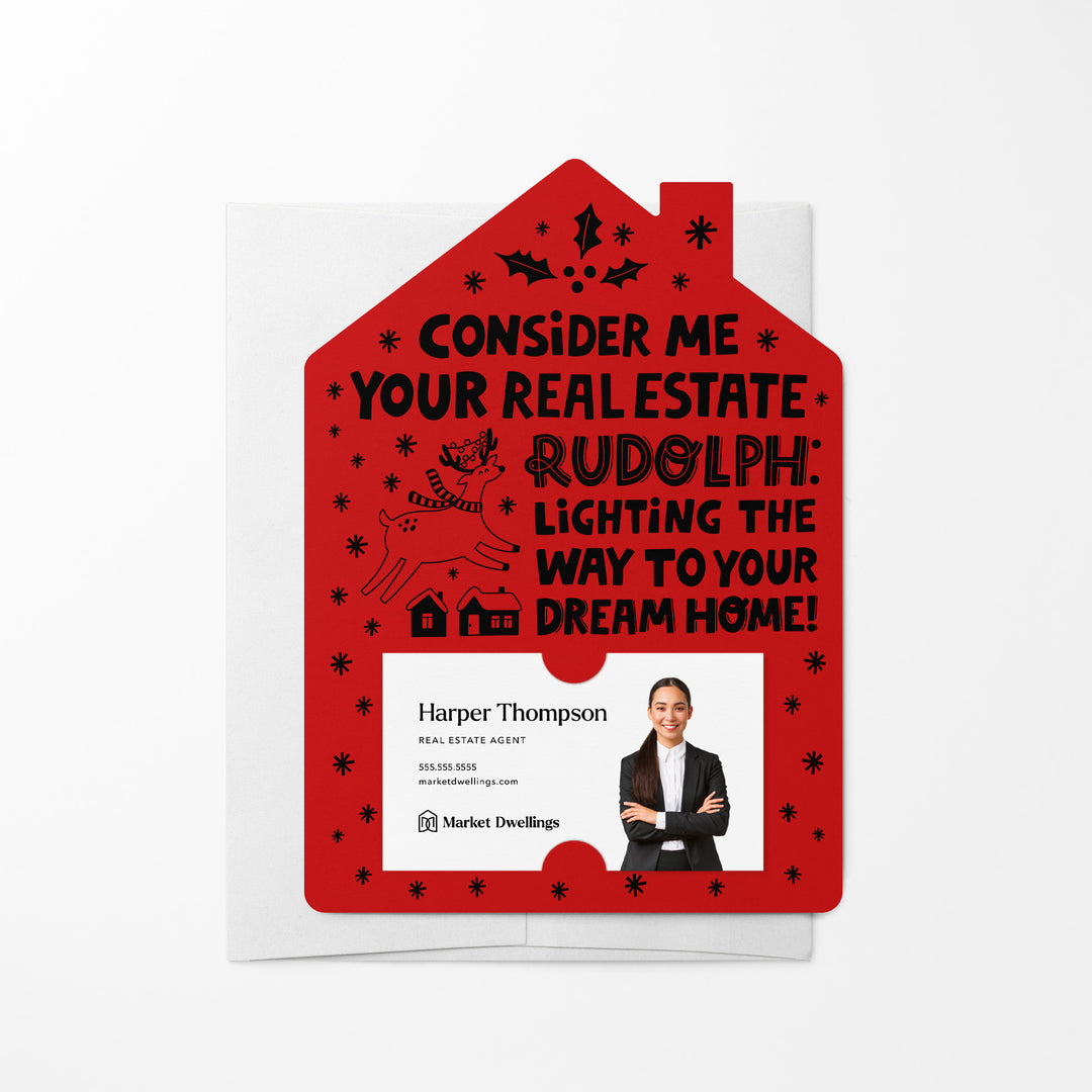 Set of Consider Me Your Real Estate Rudolph: Lighting The Way To Your Dream Home. | Christmas Winter Mailers | Envelopes Included | M81-M001