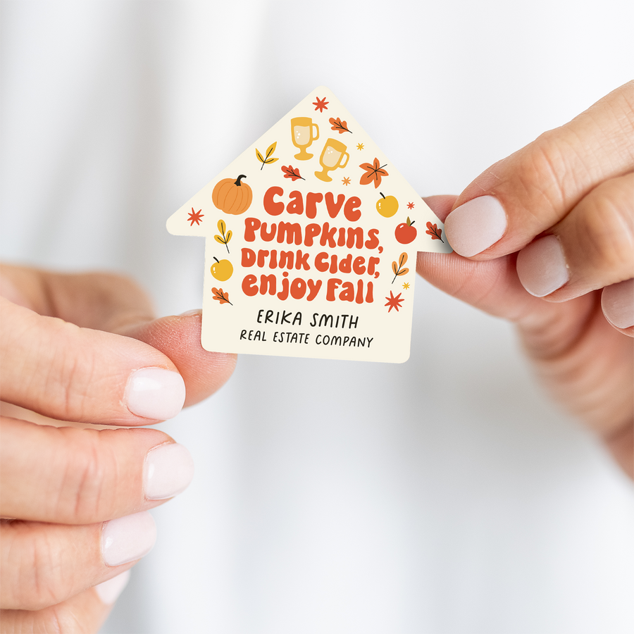 Customizable | Set of Carve Pumpkins, Drink Cider, Enjoy Fall House Shaped Stickers  | 12-LB1 Stickers Market Dwellings   