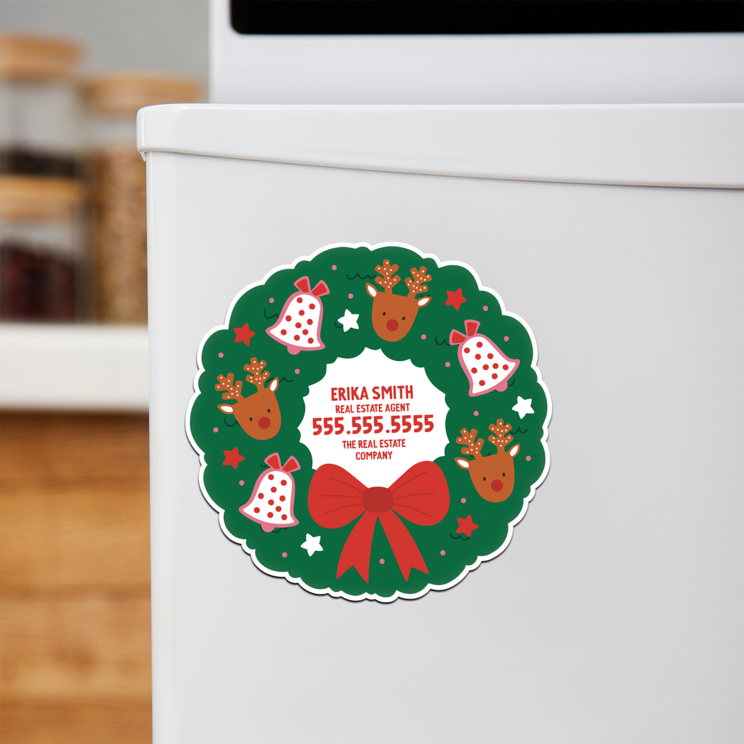 Customizable | Holiday Wreath Refrigerator Magnets | DSM-21-AB Magnet Market Dwellings REINDEER