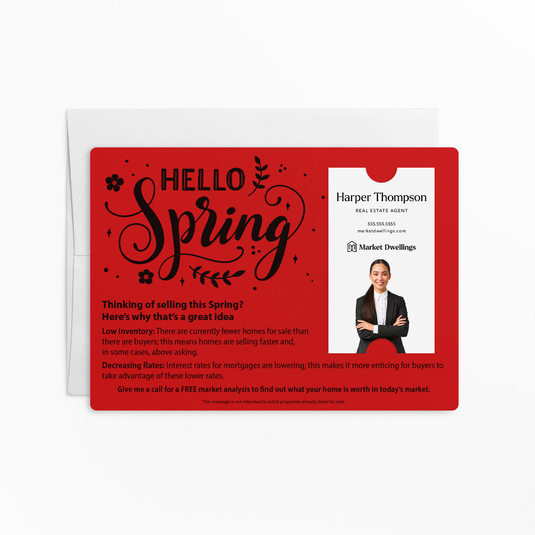 Vertical | Set of "Hello Spring" Low Inventory Real Estate Mailer | Envelopes Included | S2-M005 Mailer Market Dwellings SCARLET