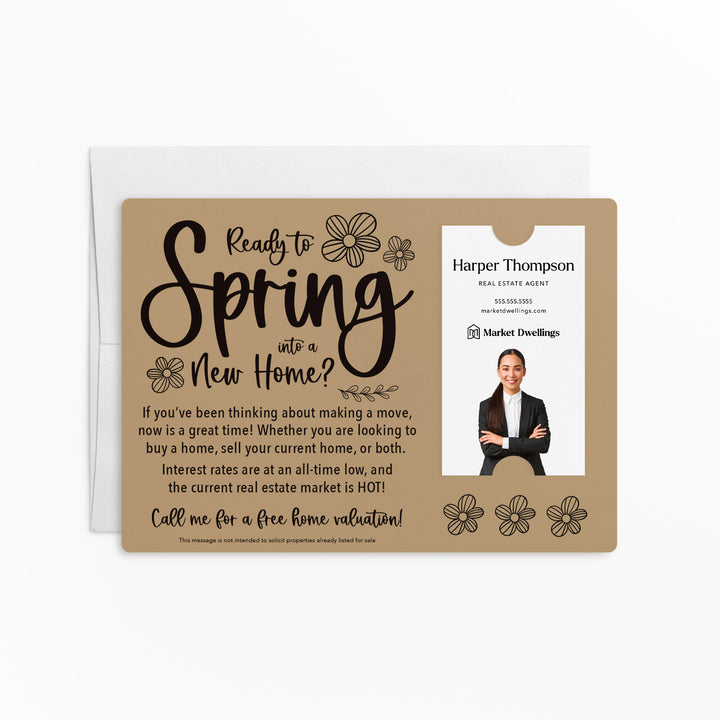 Vertical | Set of "Ready to Spring into a New Home?" Real Estate Mailer | Envelopes Included | S4-M005 Mailer Market Dwellings KRAFT